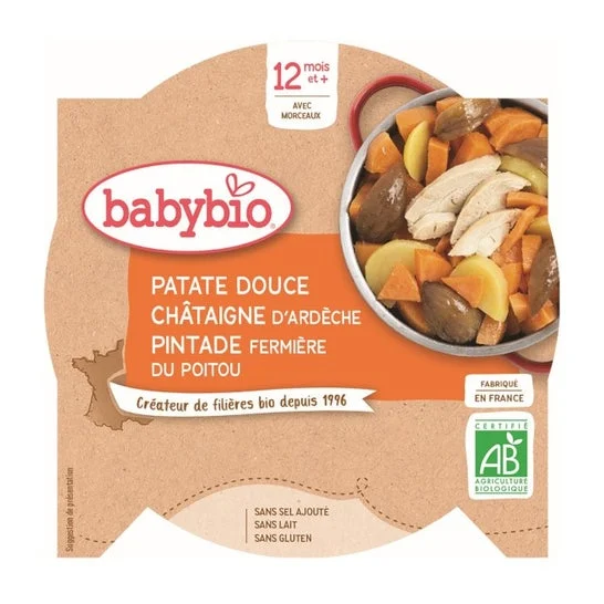 Babybio Menu giornaliero a partire da 12 mesi Patata dolce Patata dolce Piatto di castagne Faraona 230 grammi
