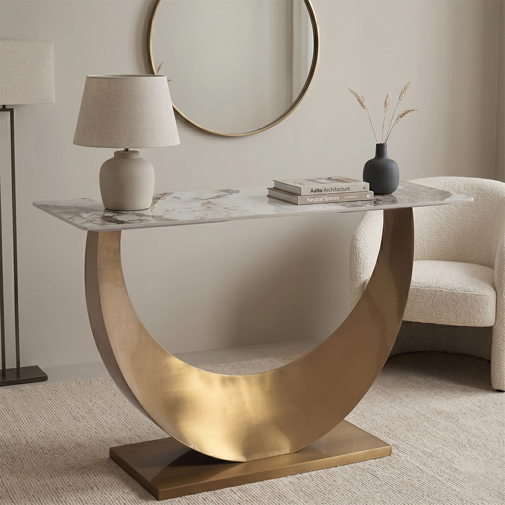 Consolle Luneya Japandi con Top in Ceramica Effetto Marmo Calacatta e Struttura Oro