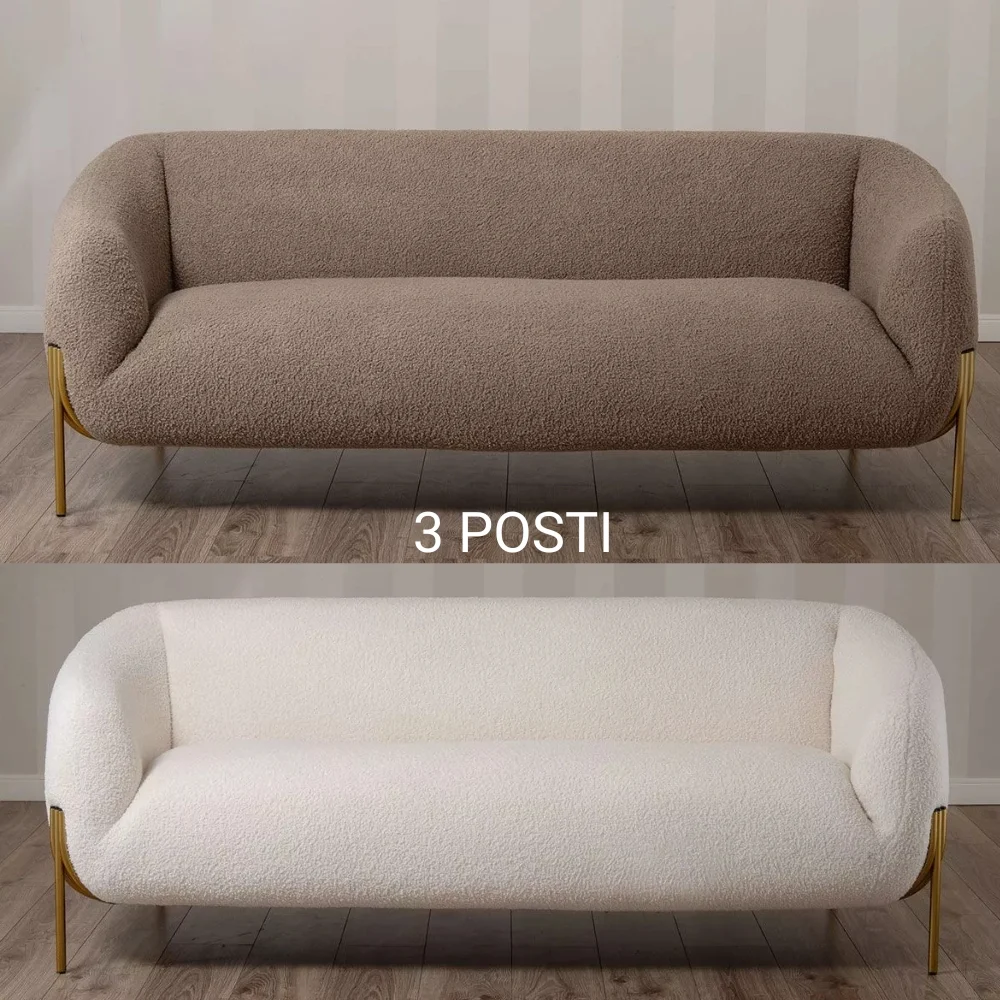 Divano 3 Posti in Tessuto Teddy con Piedi in Metallo Dorato – Stile Scandinavo