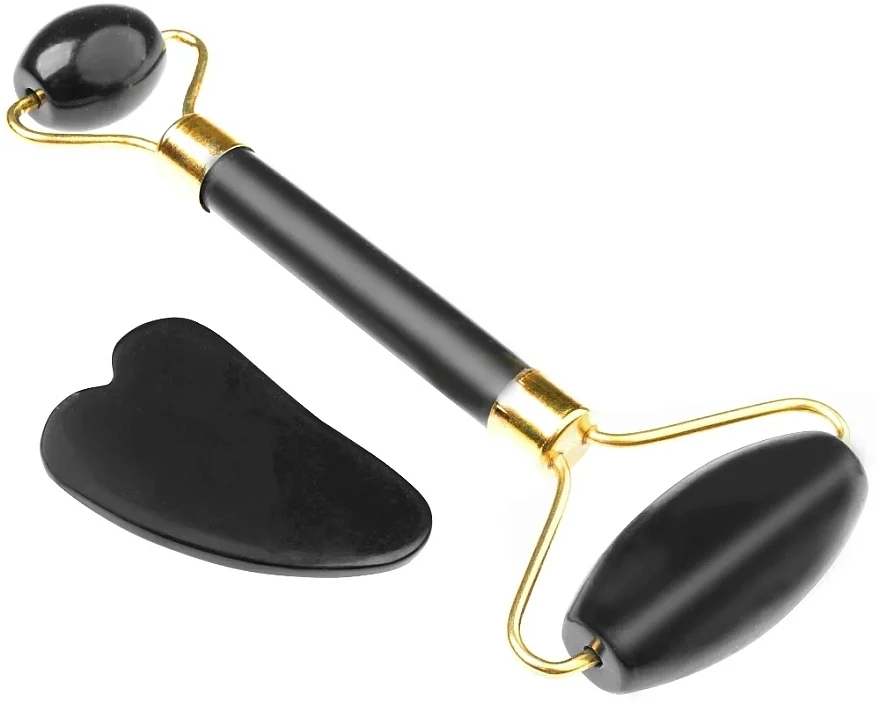Rullo di giada per massaggio viso + gua sha, nero