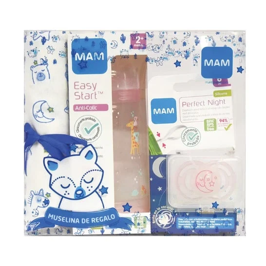 Mam Pack Succhietto Notte 6M Luna Rosa + Mussola + Biberon 260ml