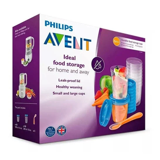 Avent Contenitori latte materno 10x180ml + 10x240ml + 10x240 + 20 coperchi + cucchiaio 1 ricettario