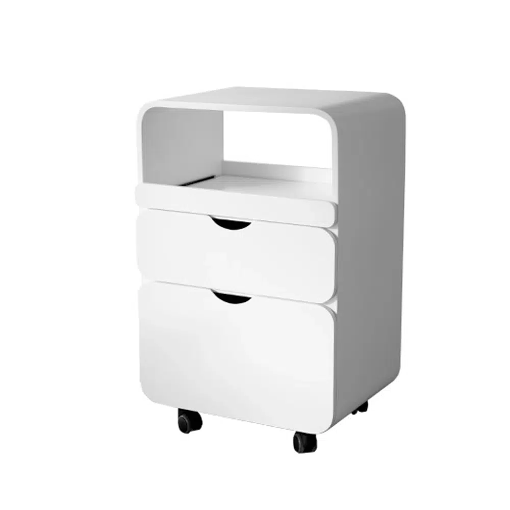 Carrello in Legno Bianco con Ruote 2 Cassetti e Compartimento Centrale
