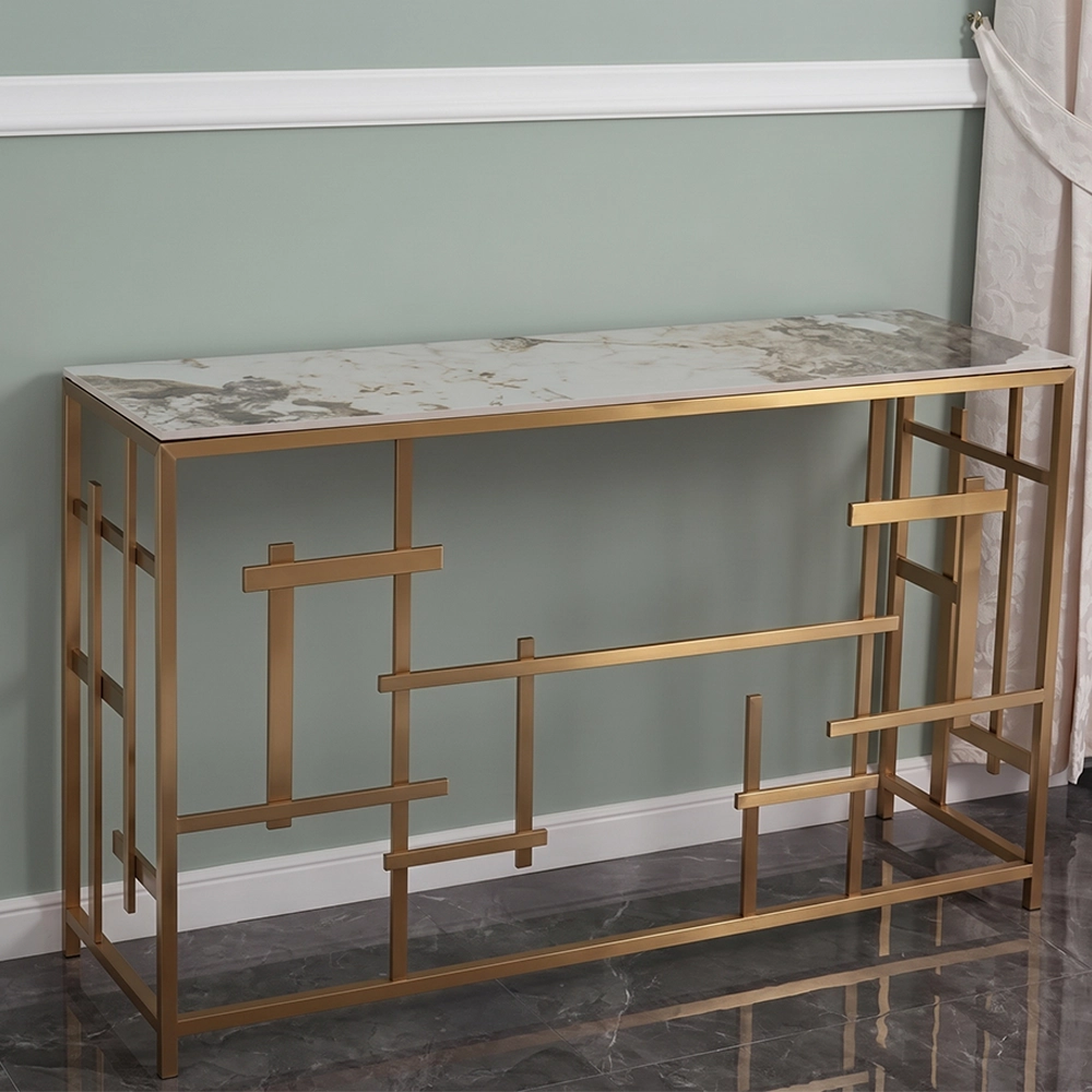 Consolle Nayumi stile Japandi con top in ceramica effetto marmo Calacatta e struttura in metallo dorato – Collezione Sabi
