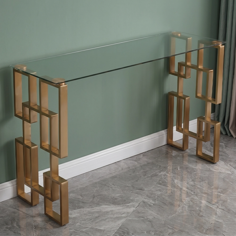 Consolle Sorika stile Japandi con top in ceramica effetto marmo Calacatta e struttura in metallo dorato