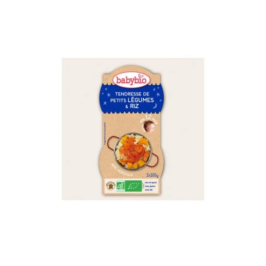Babybio Buonanotte Ciotole Tenderness di piccoli ortaggi Riso biologico in 12 mesi 2 x 200g