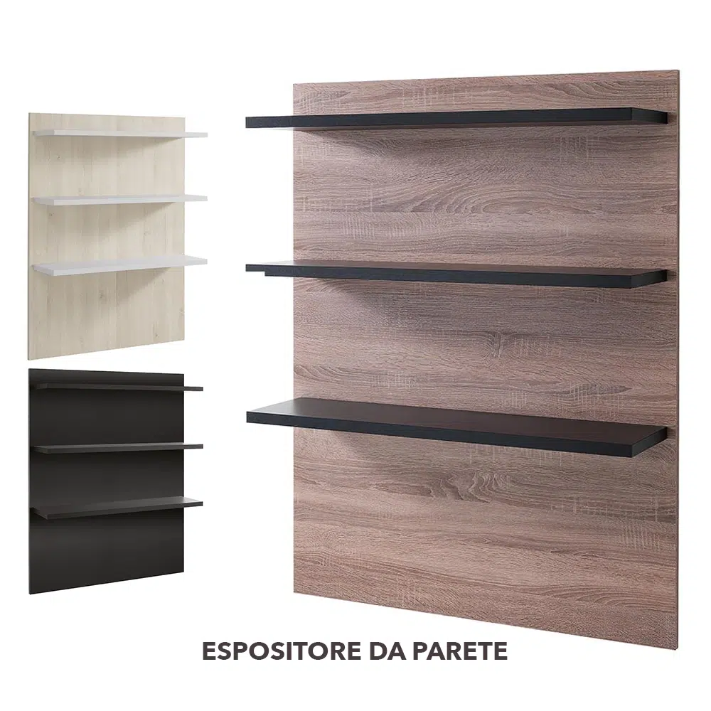 ESPOSITORE DA PARETE CON MENSOLE PER CENTRO ESTETICO E SALONE PARRUCCHIERE