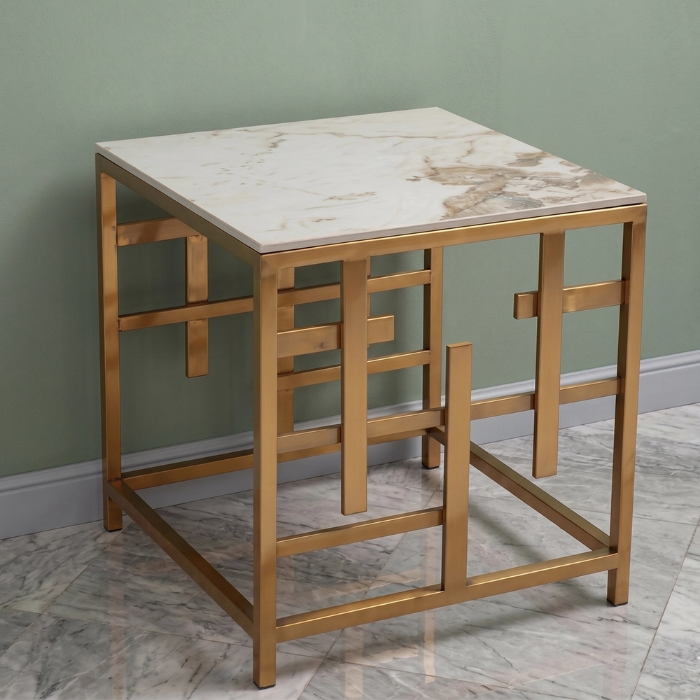 Tavolino Kansuro stile Japandi con top in ceramica effetto marmo Calacatta e struttura in metallo dorato – Collezione Sabi