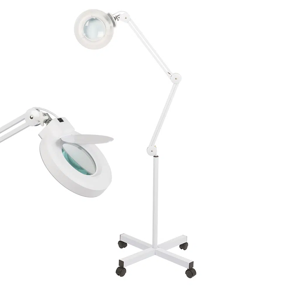Lampada Neon con Lente d’Ingrandimento 3 Diottrie, Braccio Articolato e Stativo a 4 Ruote