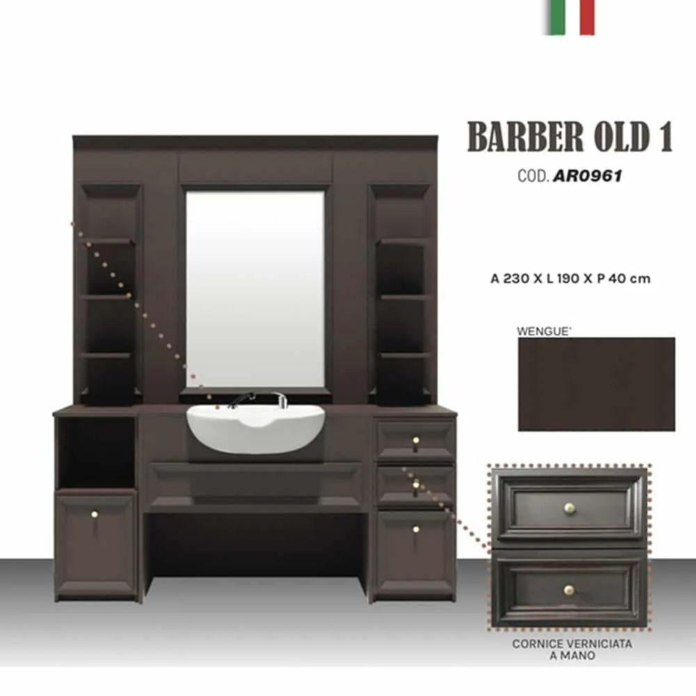 POSTAZIONE DA BARBIERE VINTAGE WENGE’ BARBER SHOP COMPLETA DI SPECCHIO, LAVANDINO IN CERAMICA, DOCCETTA E MISCELATORE