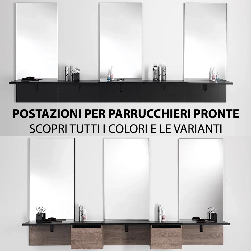 Postazione Tripla Mobile da Parrucchiere con cassetti riepiani Specchiera Componibile