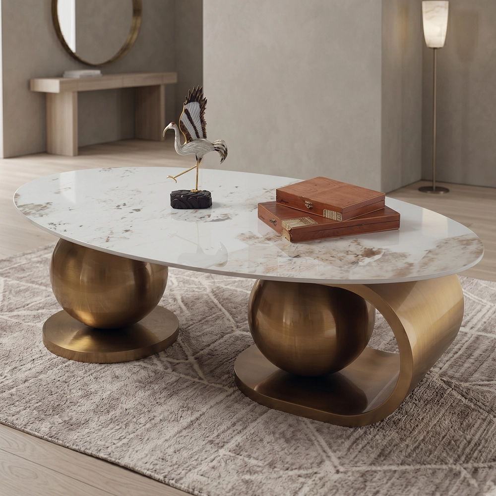 Tavolino da Salotto Mitsaro Japandi con Top in Ceramica Effetto Marmo Calacatta e Struttura Oro