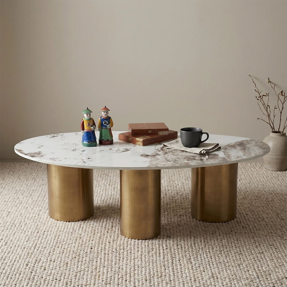 Tavolino da Salotto Lomaki Japandi con Top in Ceramica Effetto Marmo Calacatta e Struttura Oro