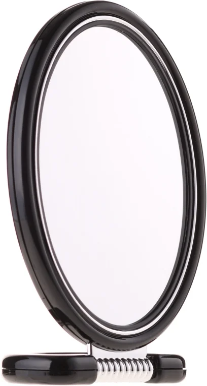Specchio ovale bifacciale, con supporto, nero, 11x15 cm