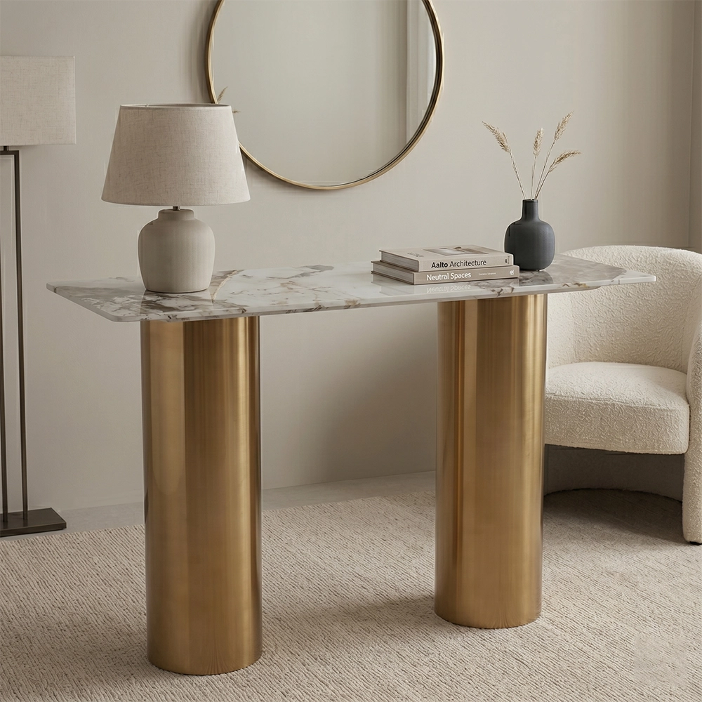 Consolle Miyara Japandi con Top in Ceramica Effetto Marmo Calacatta e Struttura Oro