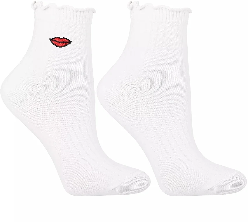 Calze da donna in cotone con ricamo, CSL200-955, bianche con labbra