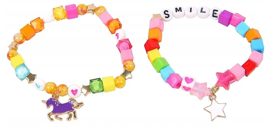 Braccialetti con perline, 2 pz, 6447, unicorno + stella