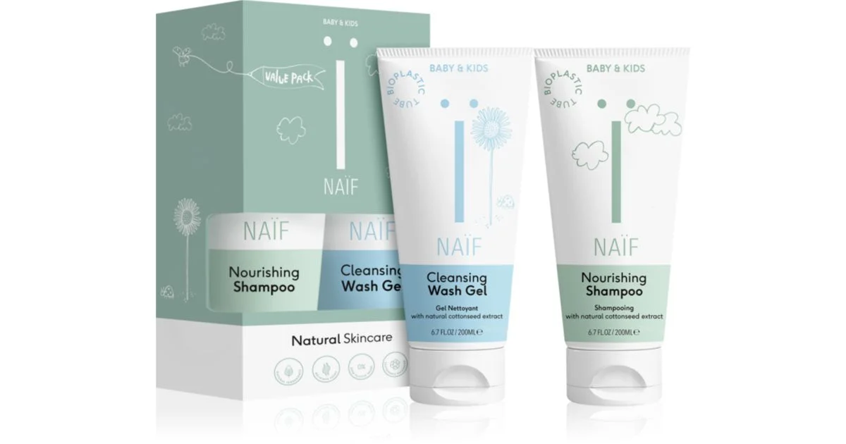 Naif Baby & Kids Set per neonati gel detergente per bambini e neonati 200 ml + shampoo nutriente per il cuoio capelluto del bambino 200 ml