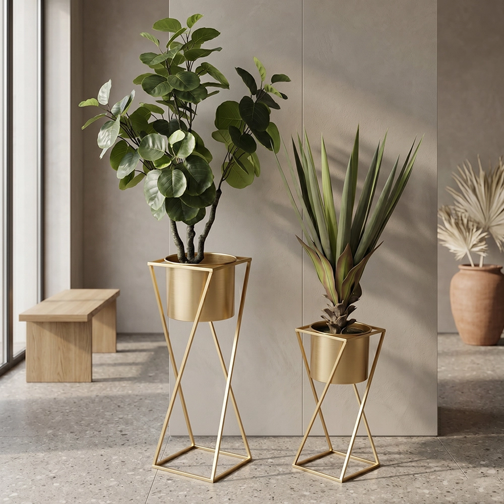 Set 2 Portavasi Gervais Stile Art Déco in Metallo Dorato – Coppia Portafiori Eleganti