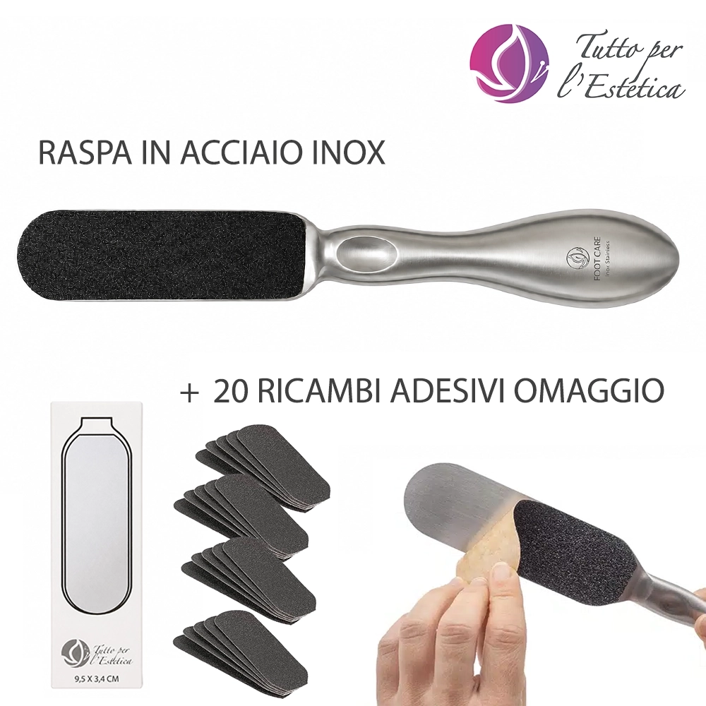 Raspa Pedicure Professionale in Acciaio Inox con 2 Facce Adesive Grana 150 e 180