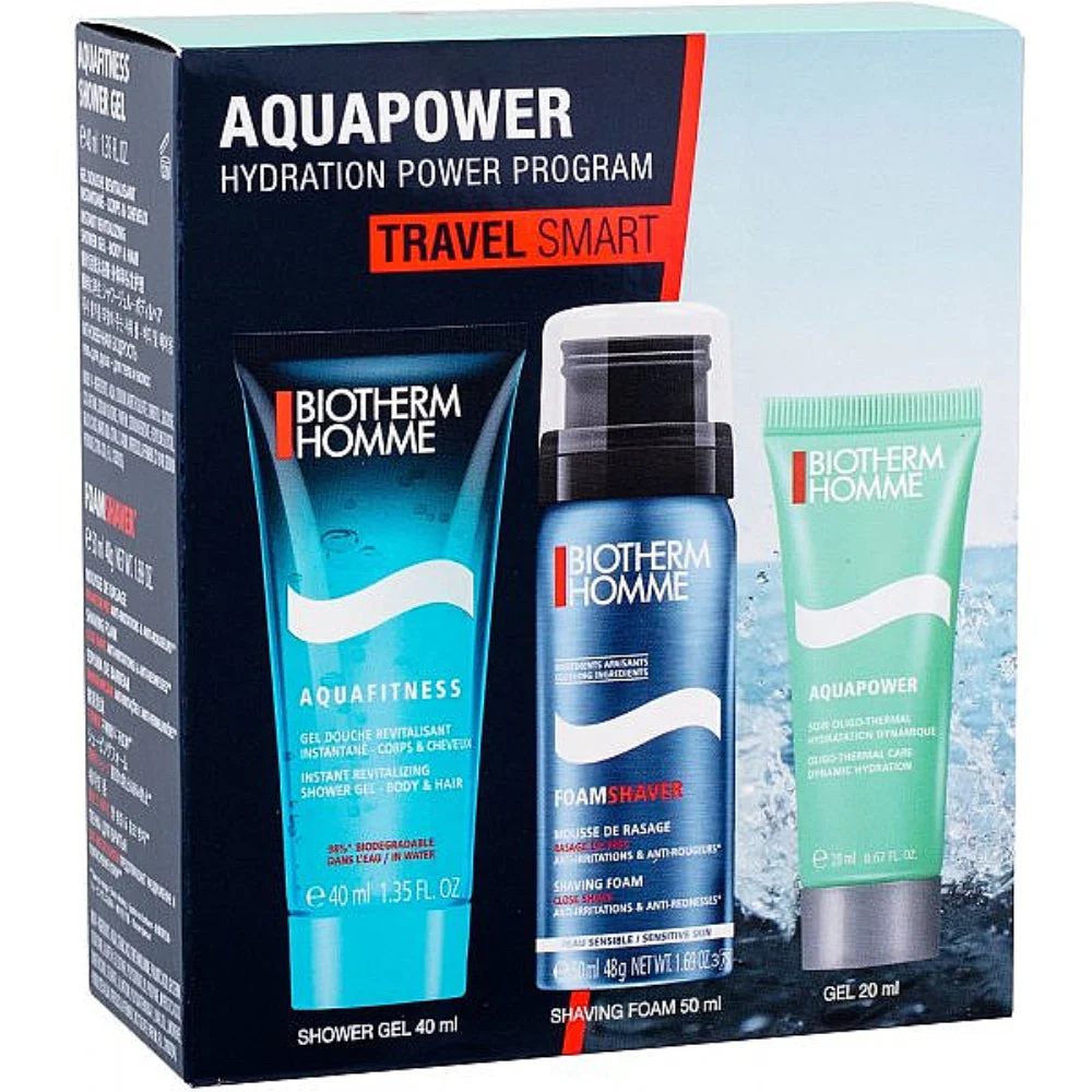 Smart Set da viaggio Biotherm: Aquapower, idratante, crema, per il viso, 20 ml + Aquapower, schiuma da barba, 50 ml + Aquapower, detergente, gel doccia, 40 ml
