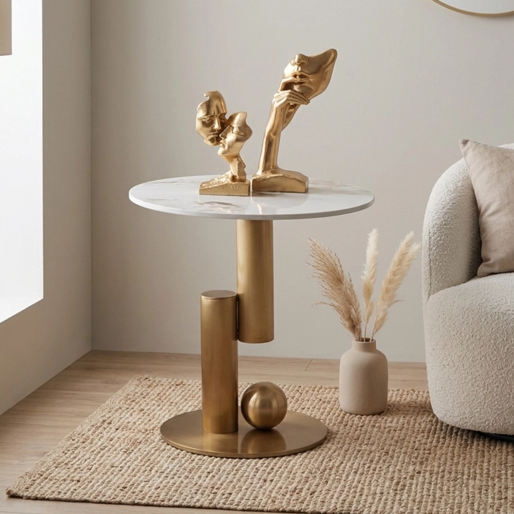 Tavolino da Salotto Rinako Japandi con Top in Ceramica Effetto Marmo Calacatta e Struttura Oro