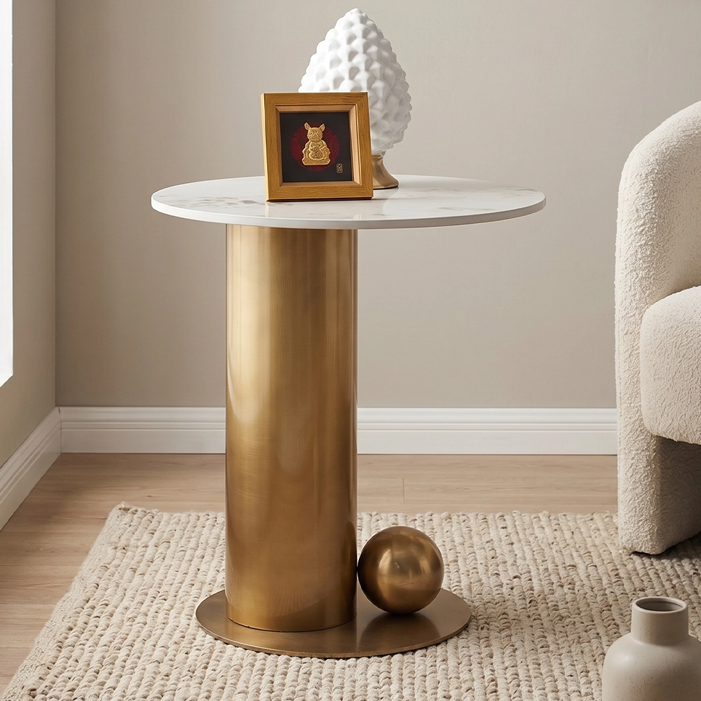 Tavolino da Salotto Torime Japandi con Top in Ceramica Effetto Marmo Calacatta e Struttura Oro