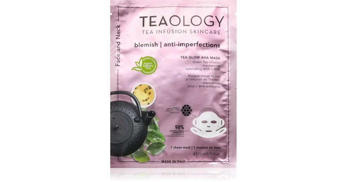 Teaology Tea Glow AHA maschera purificante in tessuto detergente e rinfrescante per collo e décolleté 21 ml