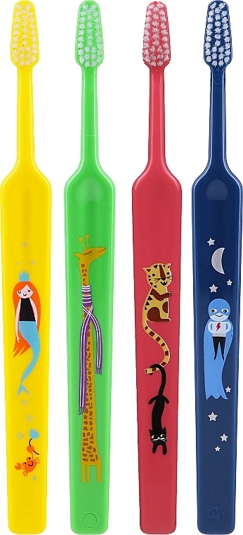 Spazzolini da denti per bambini, giallo + verde + rosa + blu